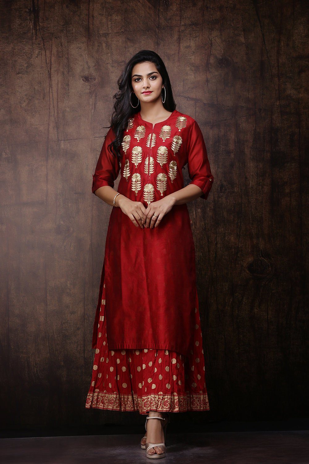 Women's Maroon Chanderi Embroidered 2 Piece Kurta Dress