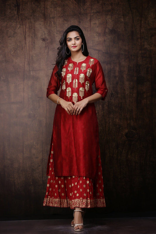 Women's Maroon Chanderi Embroidered 2 Piece Kurta Dress