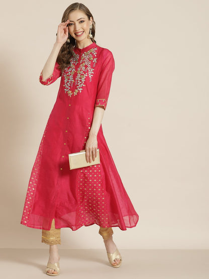 Women's Juniper Fuschia Chanderi Embroidered 2 Piece Kurta