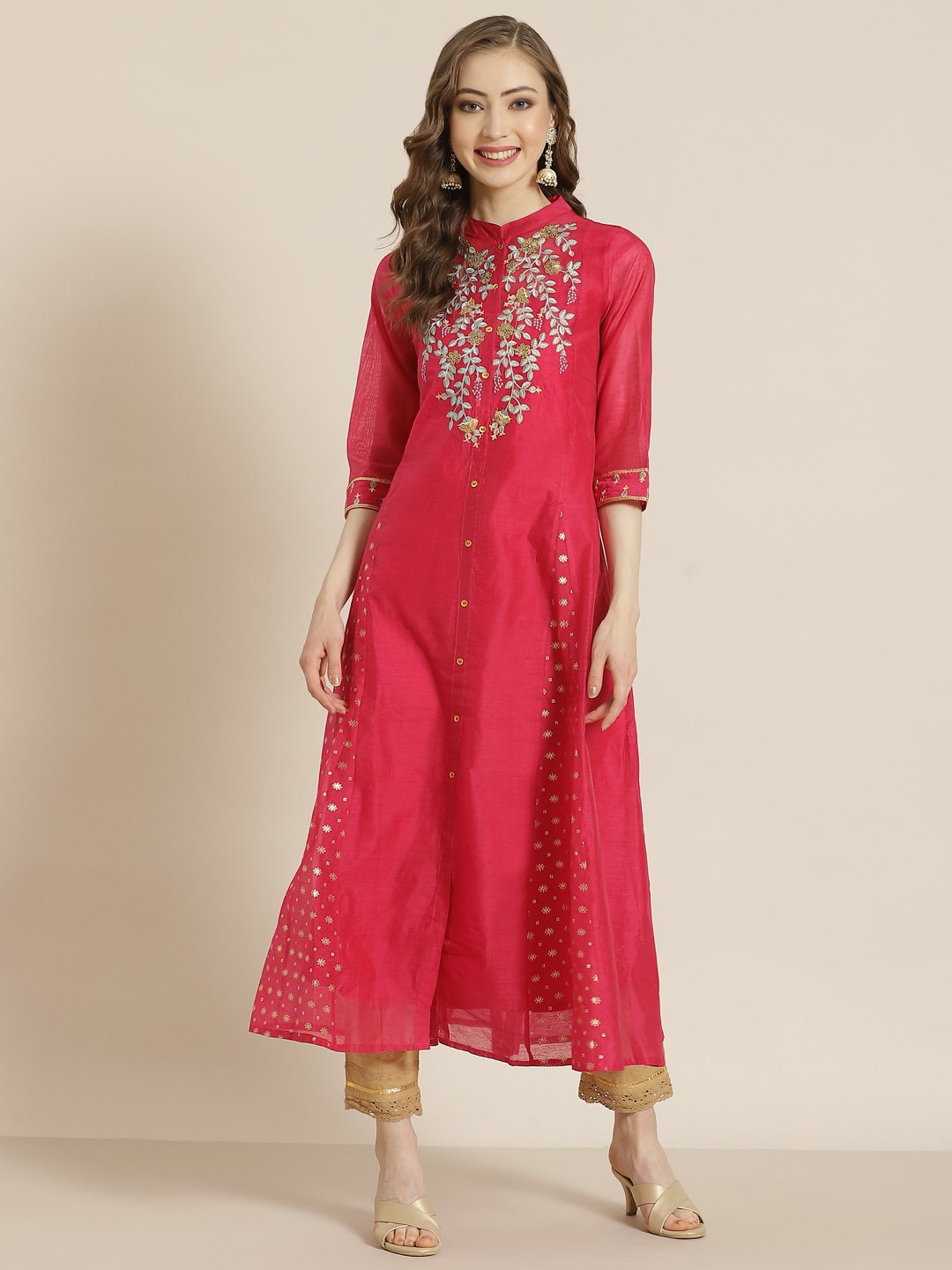 Women's Juniper Fuschia Chanderi Embroidered 2 Piece Kurta