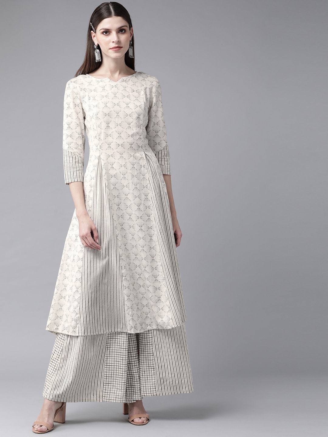 Women's  Off-White & Charcoal Grey Printed Kurta with Palazzos