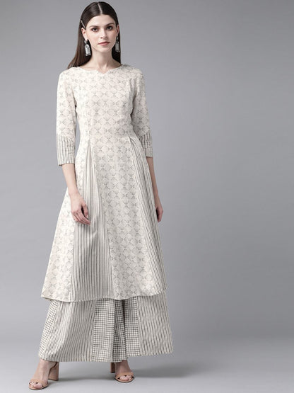 Women's  Off-White & Charcoal Grey Printed Kurta with Palazzos