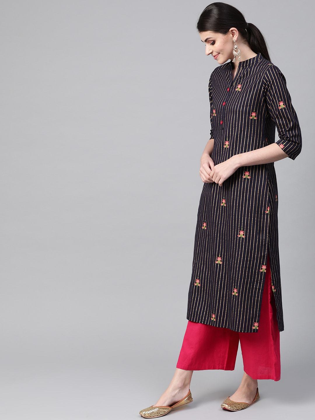 Women's Navy Blue & Golden Striped Straight Kurta