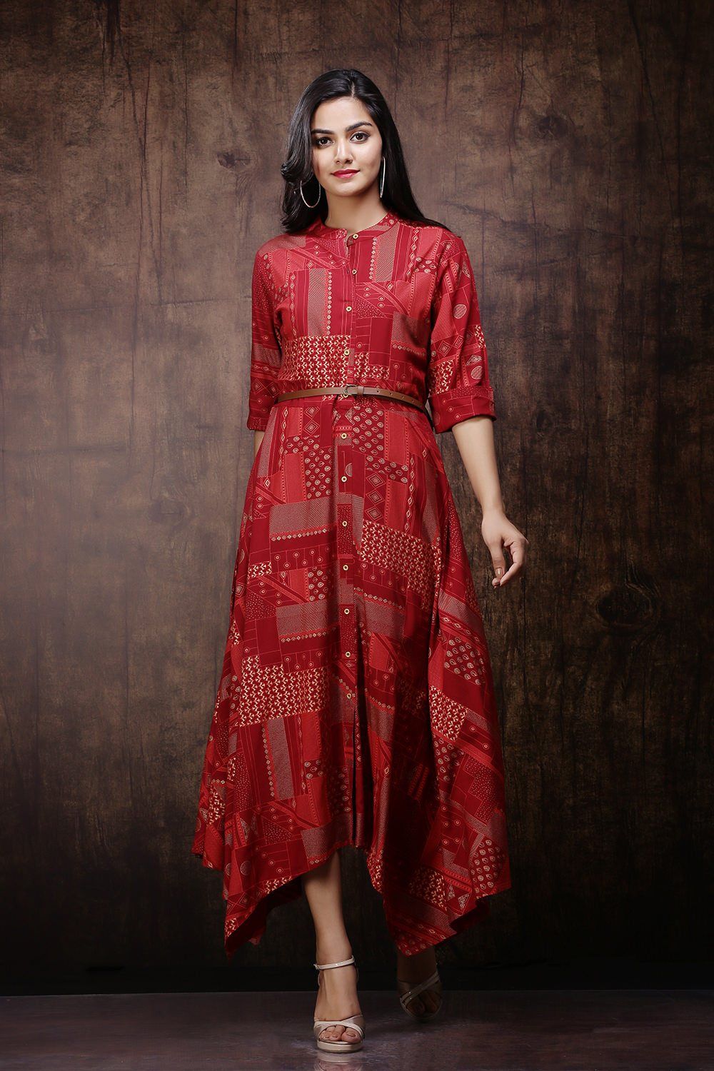 Women's Maroon Rayon Printed Asymmetric Dress With Belt
