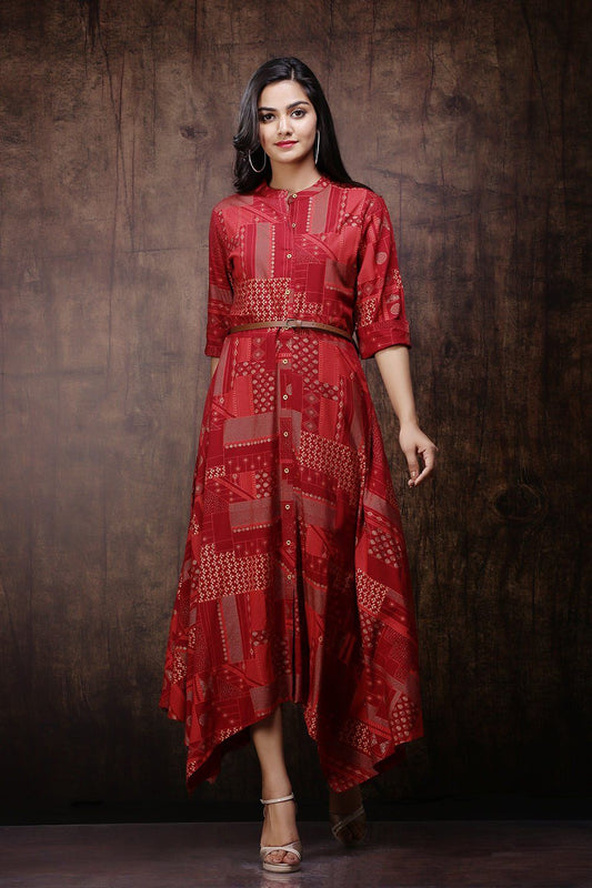 Women's Maroon Rayon Printed Asymmetric Dress With Belt