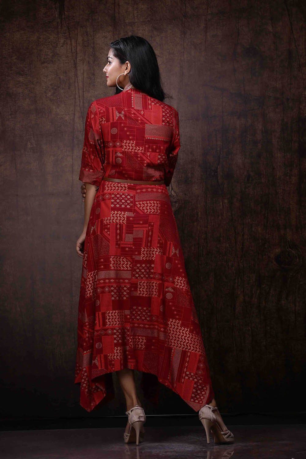 Women's Maroon Rayon Printed Asymmetric Dress With Belt