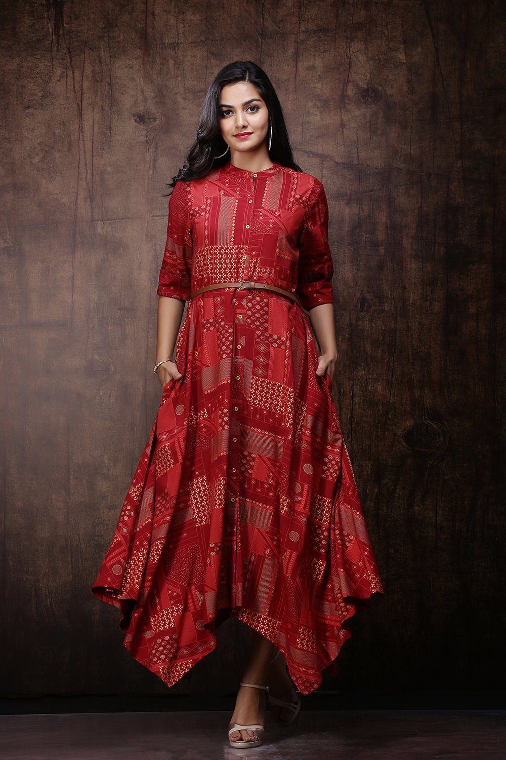 Women's Maroon Rayon Printed Asymmetric Dress With Belt