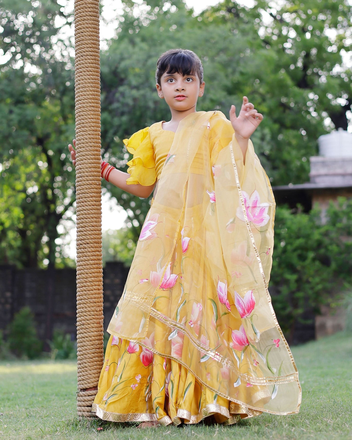 Girl's Daria Satin Handpainted Lehenga Set