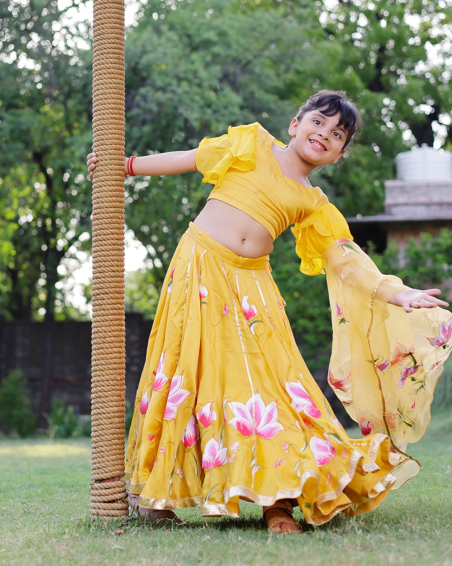 Girl's Daria Satin Handpainted Lehenga Set