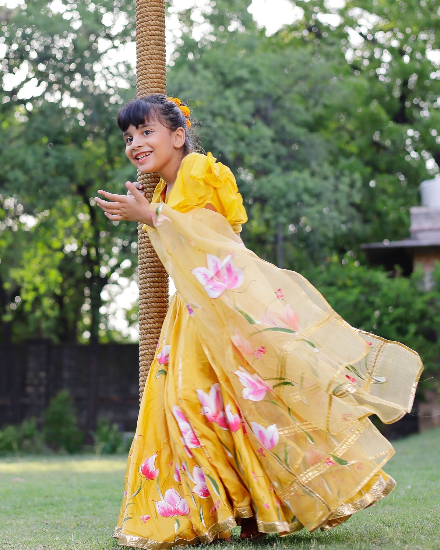 Girl's Daria Satin Handpainted Lehenga Set