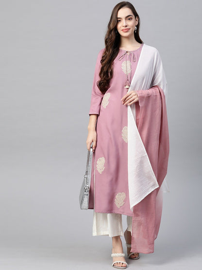 Women's Pink & Offwhite Embroidered Kurta Set