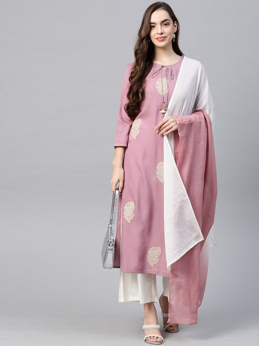 Women's Pink & Offwhite Embroidered Kurta Set
