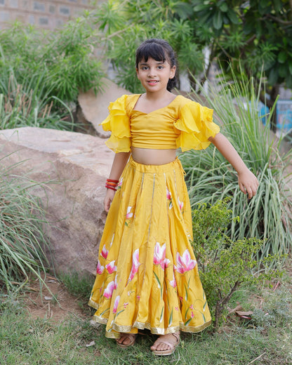 Girl's Daria Satin Handpainted Lehenga Set