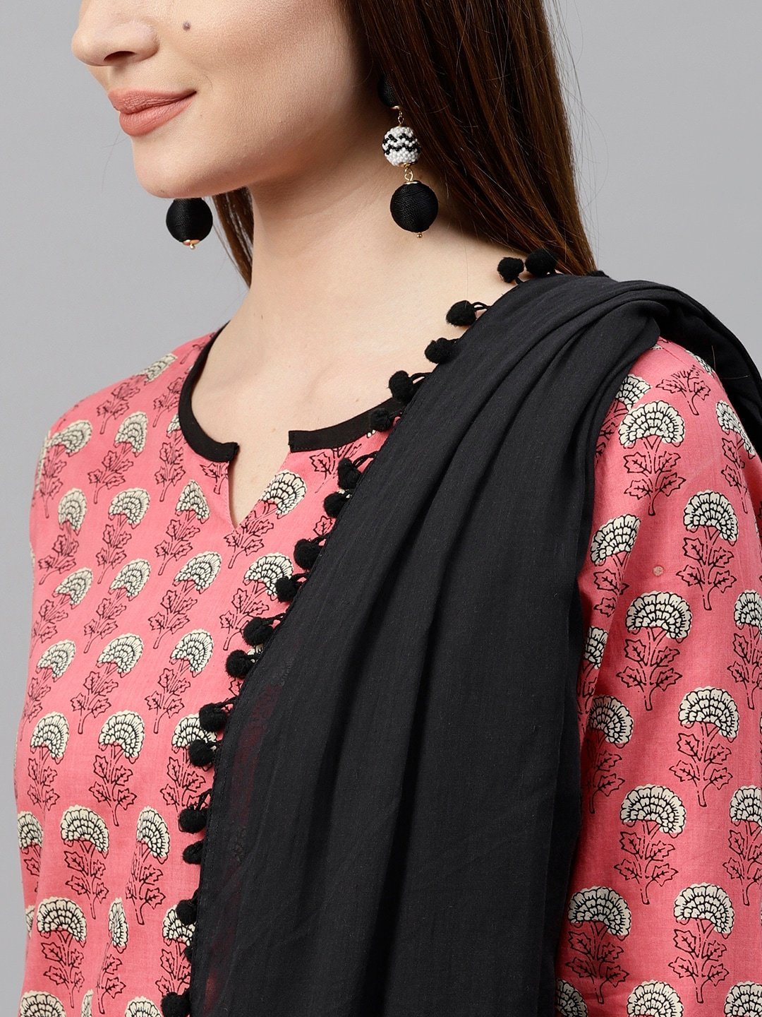 Women's  Pink & Black Printed Kurta with Palazzos & Dupatta