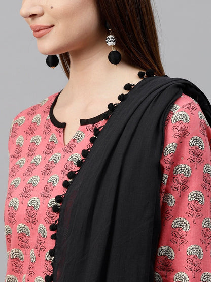Women's  Pink & Black Printed Kurta with Palazzos & Dupatta