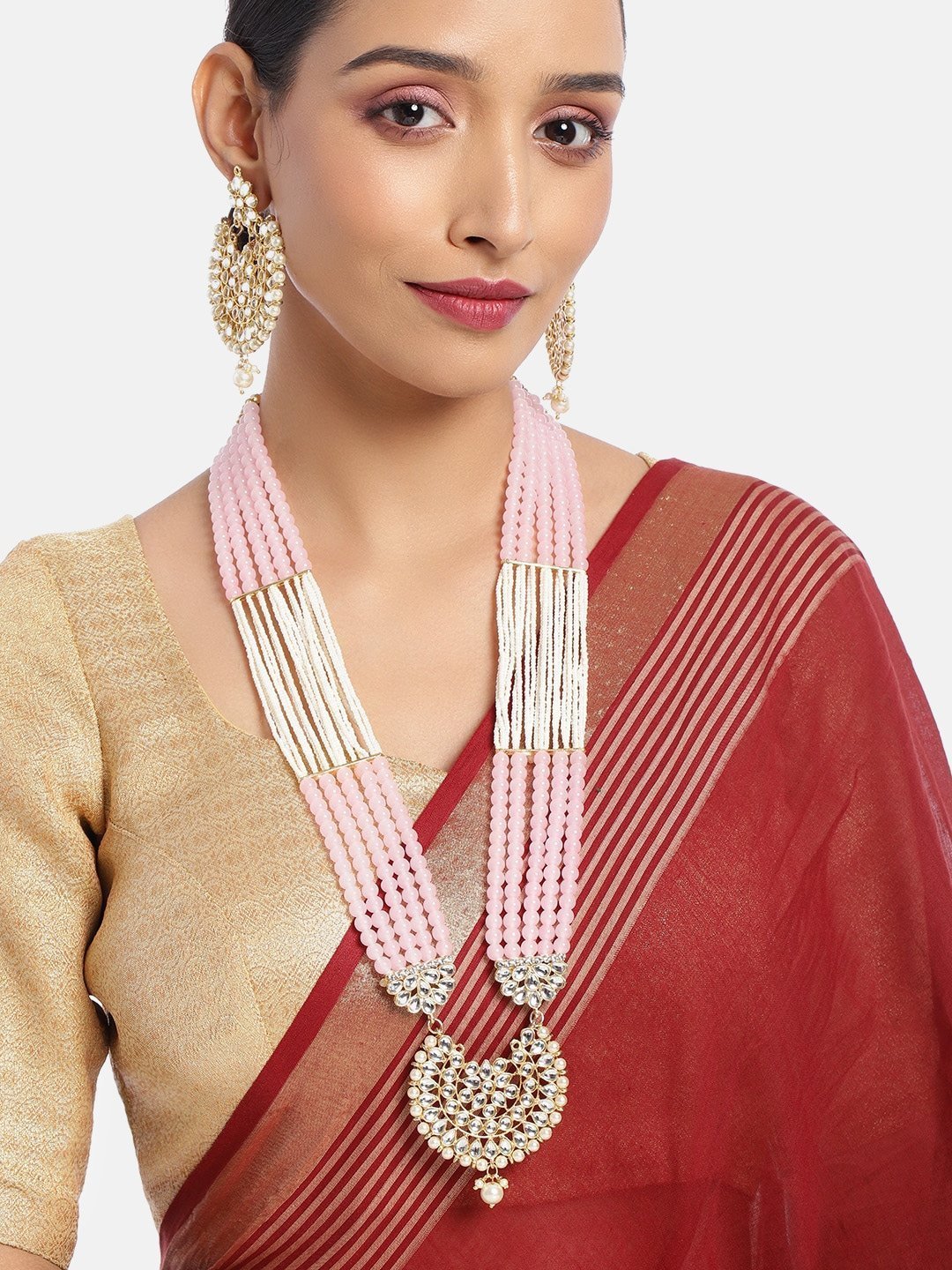 Women's Gold Plated Pink Ethnic 5 Layer Kundan Pearl Studded Long Necklace Set