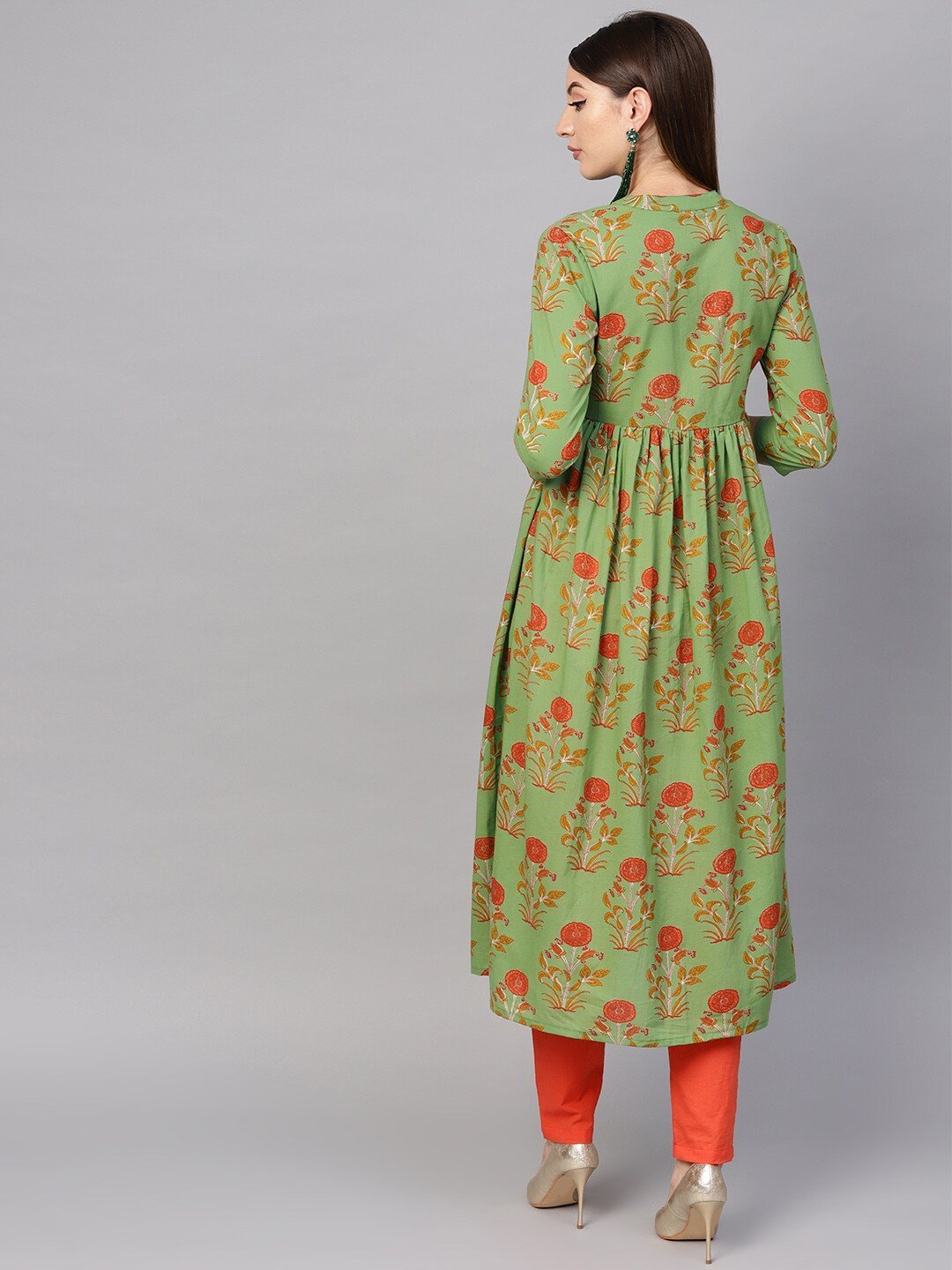 Women's  Green & Orange Printed High-Slit A-Line Kurta