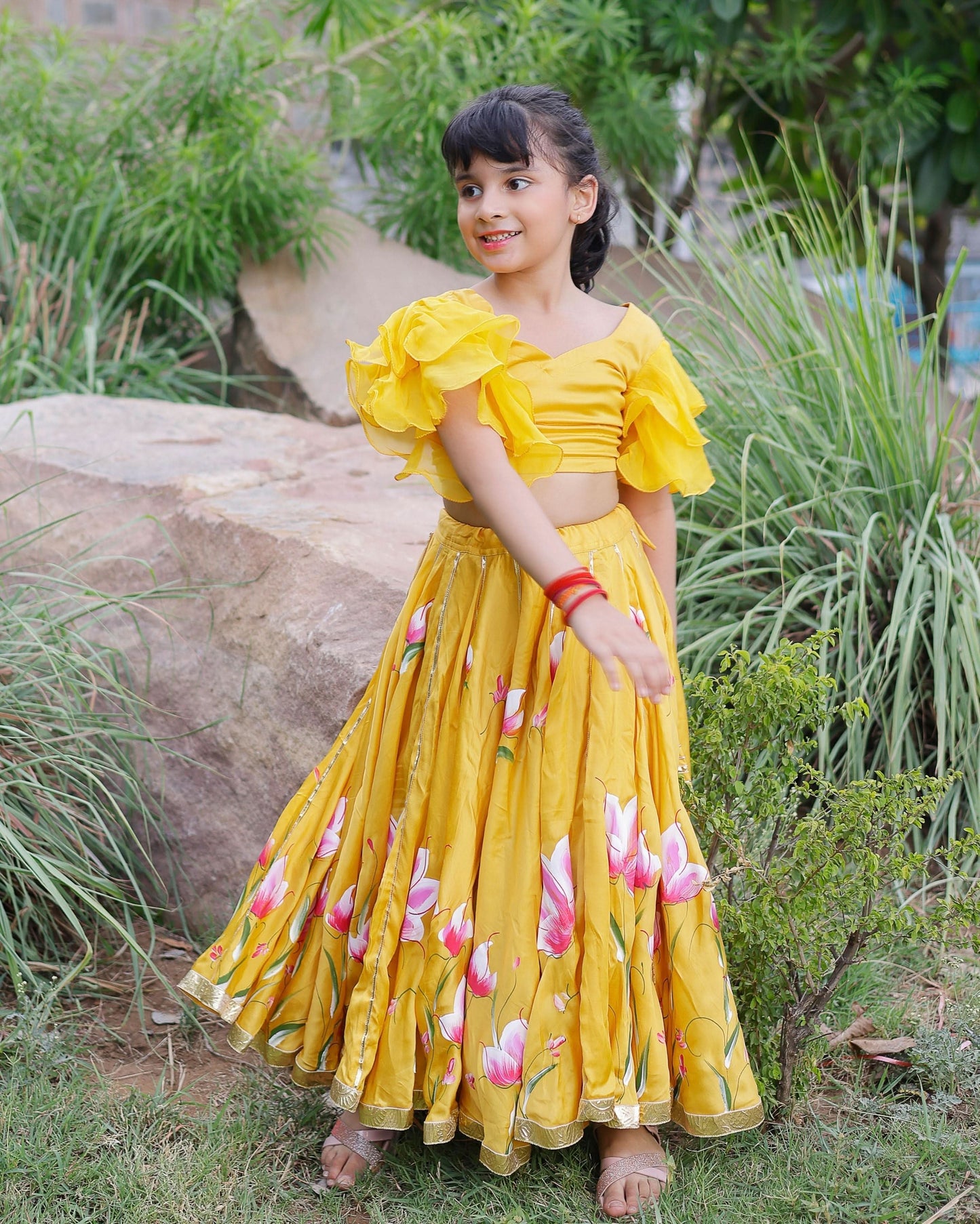 Girl's Daria Satin Handpainted Lehenga Set