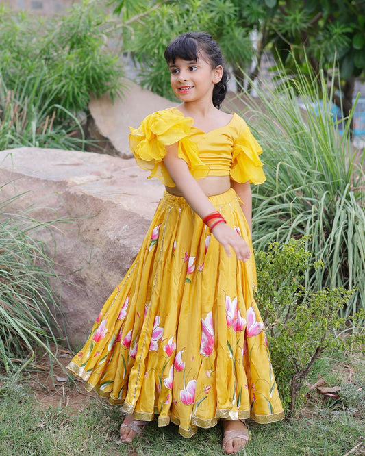 Girl's Daria Satin Handpainted Lehenga Set