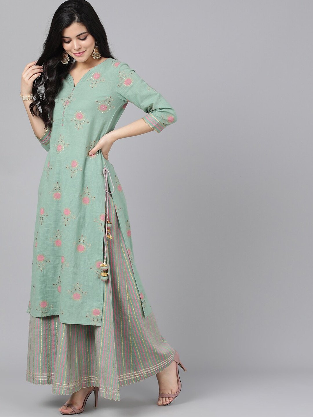 Women's  Green & Pink Printed Kurta with Palazzos & Dupatta