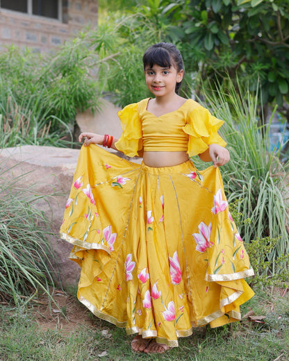 Girl's Daria Satin Handpainted Lehenga Set