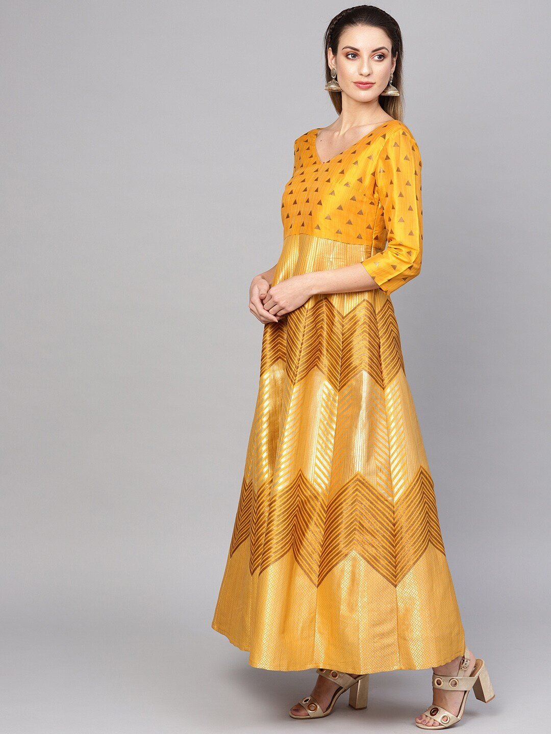 Women's  Mustard Yellow & Golden Jacquard Patterned Brocade Maxi Dress