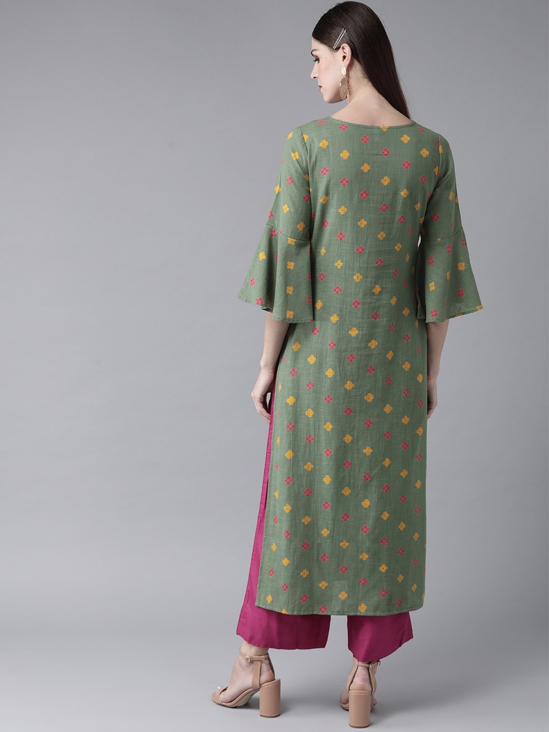 Women's  Green & Yellow Printed Straight Kurta