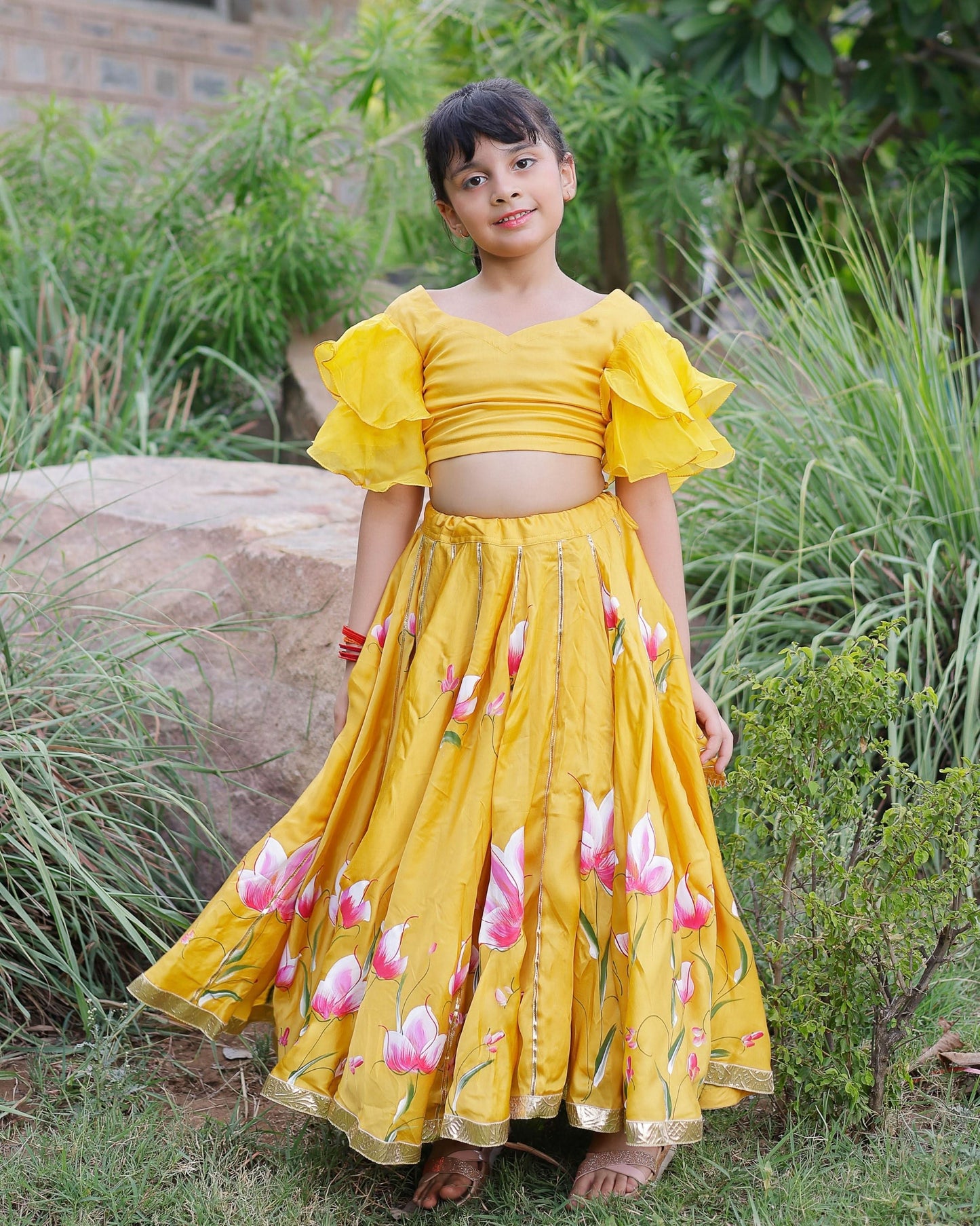 Girl's Daria Satin Handpainted Lehenga Set