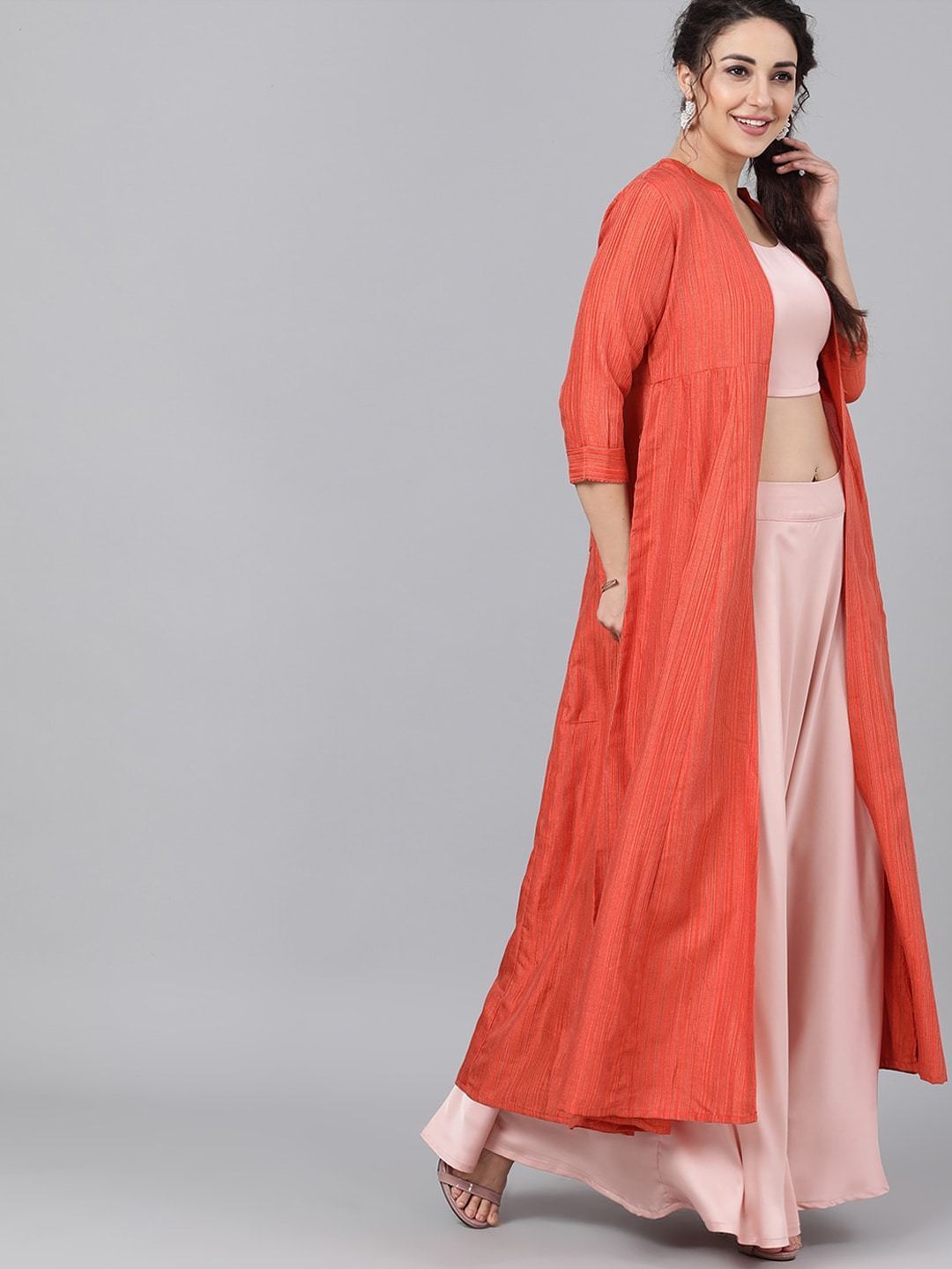 Couture Women's  Orange Self Design Open Front Longline Shrug