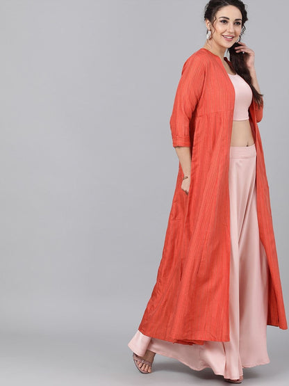 Couture Women's  Orange Self Design Open Front Longline Shrug