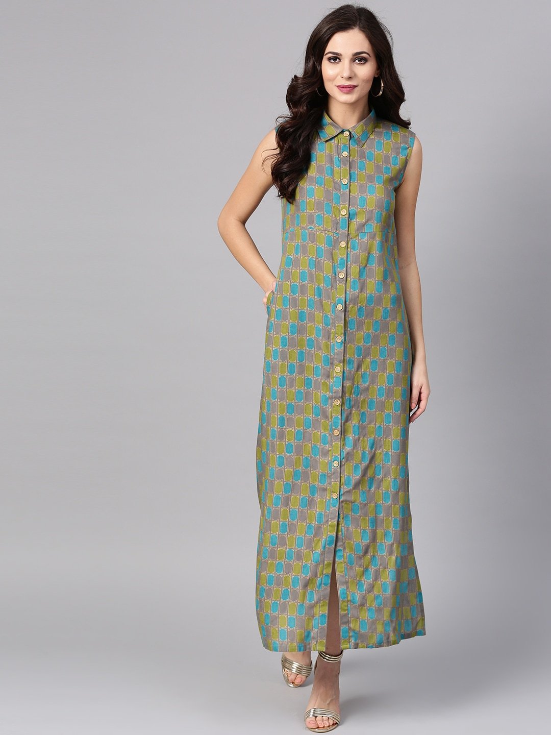 Women's  Grey & Green Printed Maxi Shirt Dress