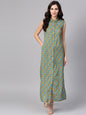 Women's  Grey & Green Printed Maxi Shirt Dress