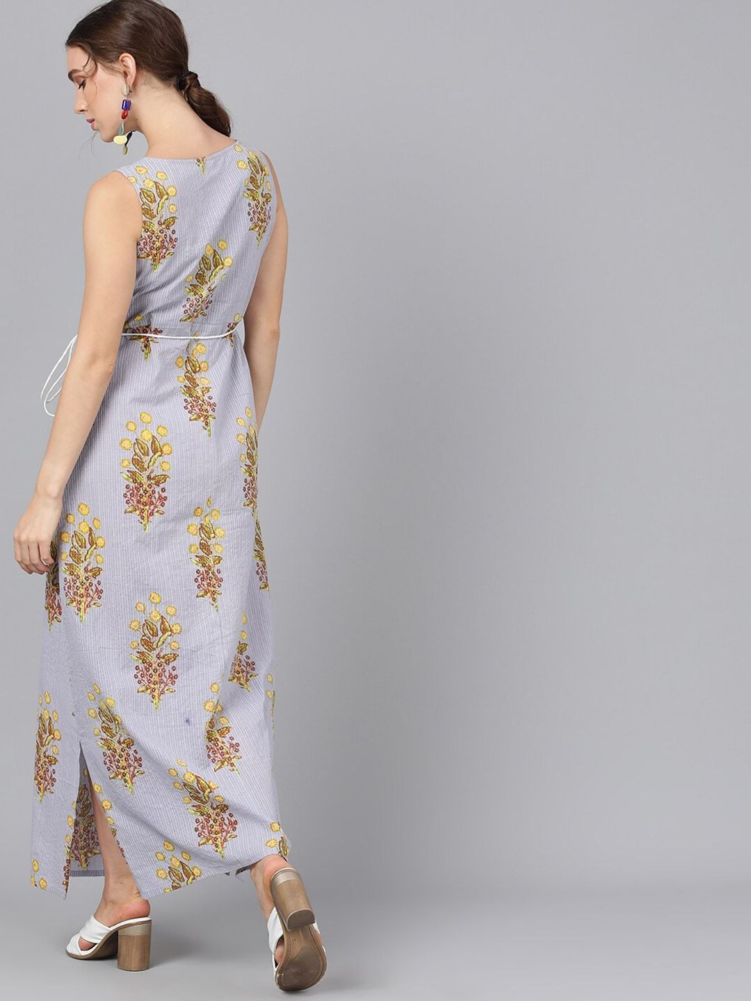 Women's  Grey Printed Kantha Work Maxi Dress