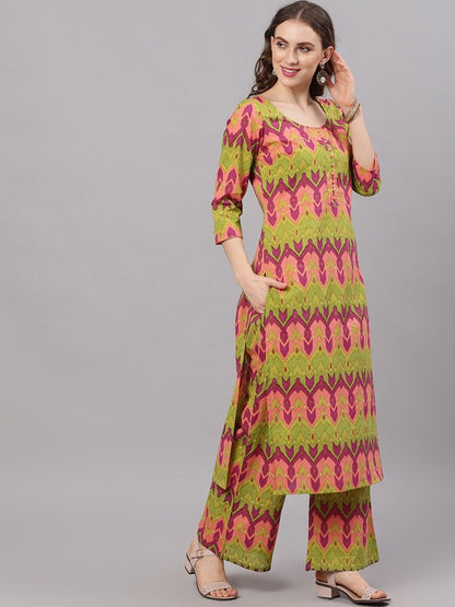 Women's  Green & Pink Ikat Printed Kurta with Palazzos & Dupatta