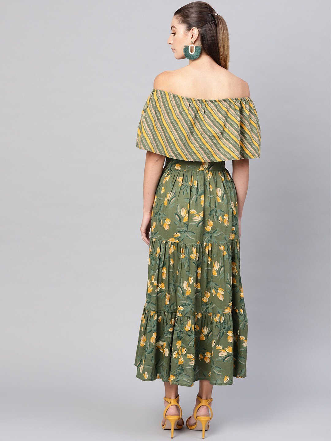 Women's  Olive Green & Mustard Yellow Floral Printed Maxi Off-Shoulder Tiered Dress