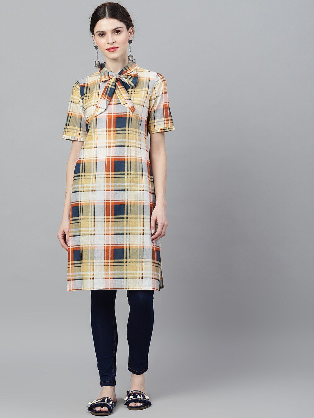 Women's  Yellow & Blue Checked Pathani Kurta