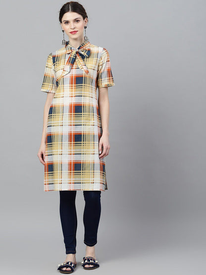 Women's  Yellow & Blue Checked Pathani Kurta