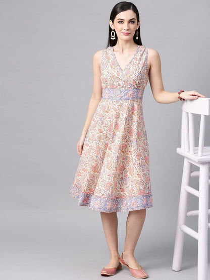 Women's  Off-White & Pink Printed Fit and Flare Dress