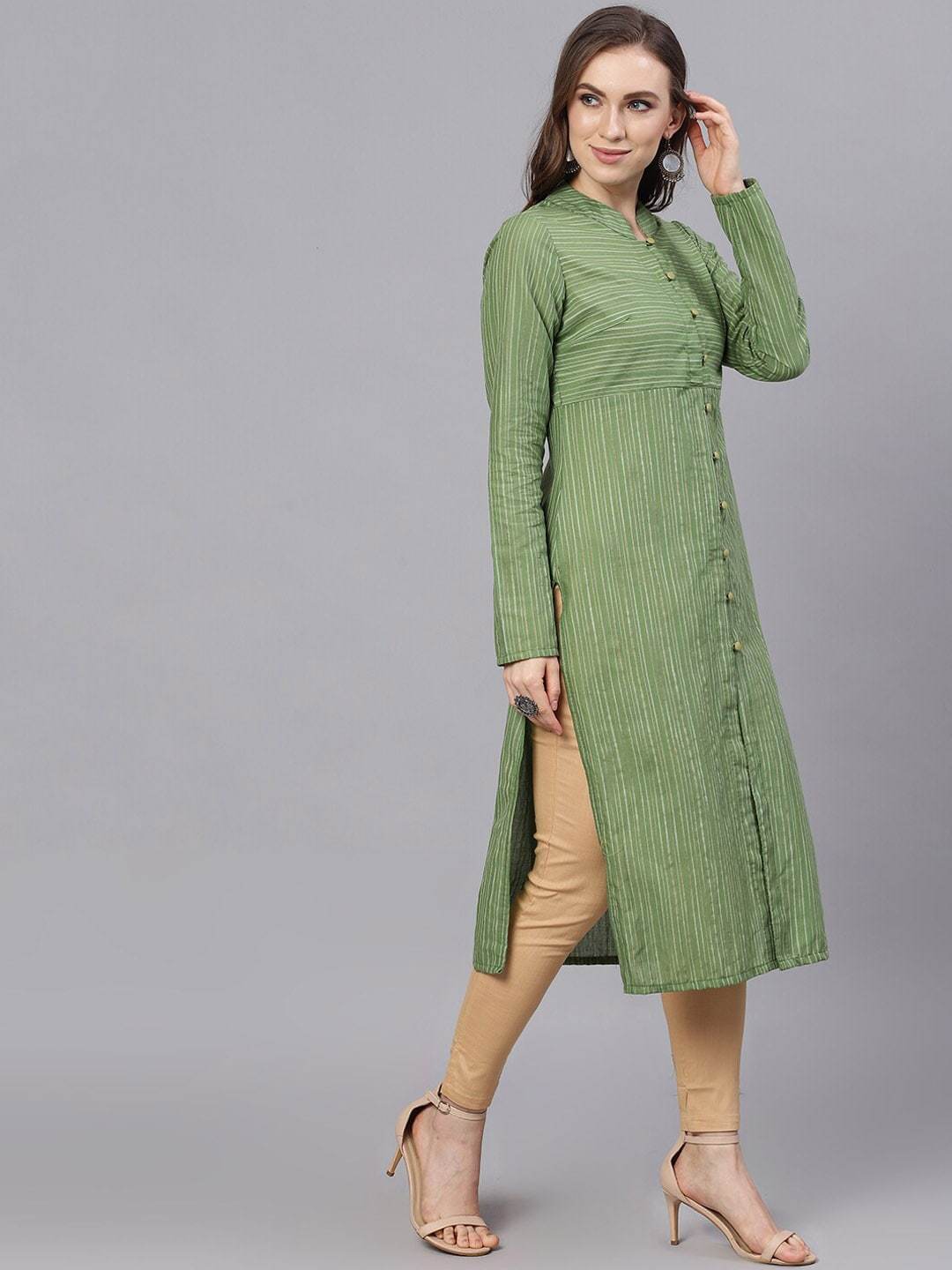 Women's  Green Striped Straight Kurta