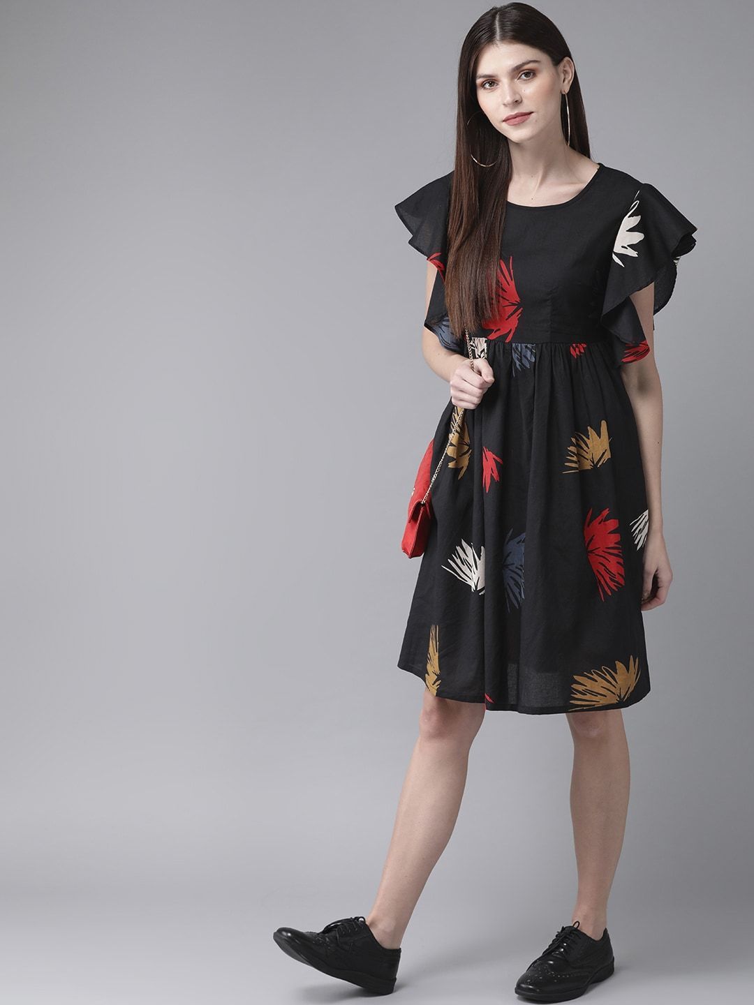 Women's  Black & Red Printed A-Line Dress