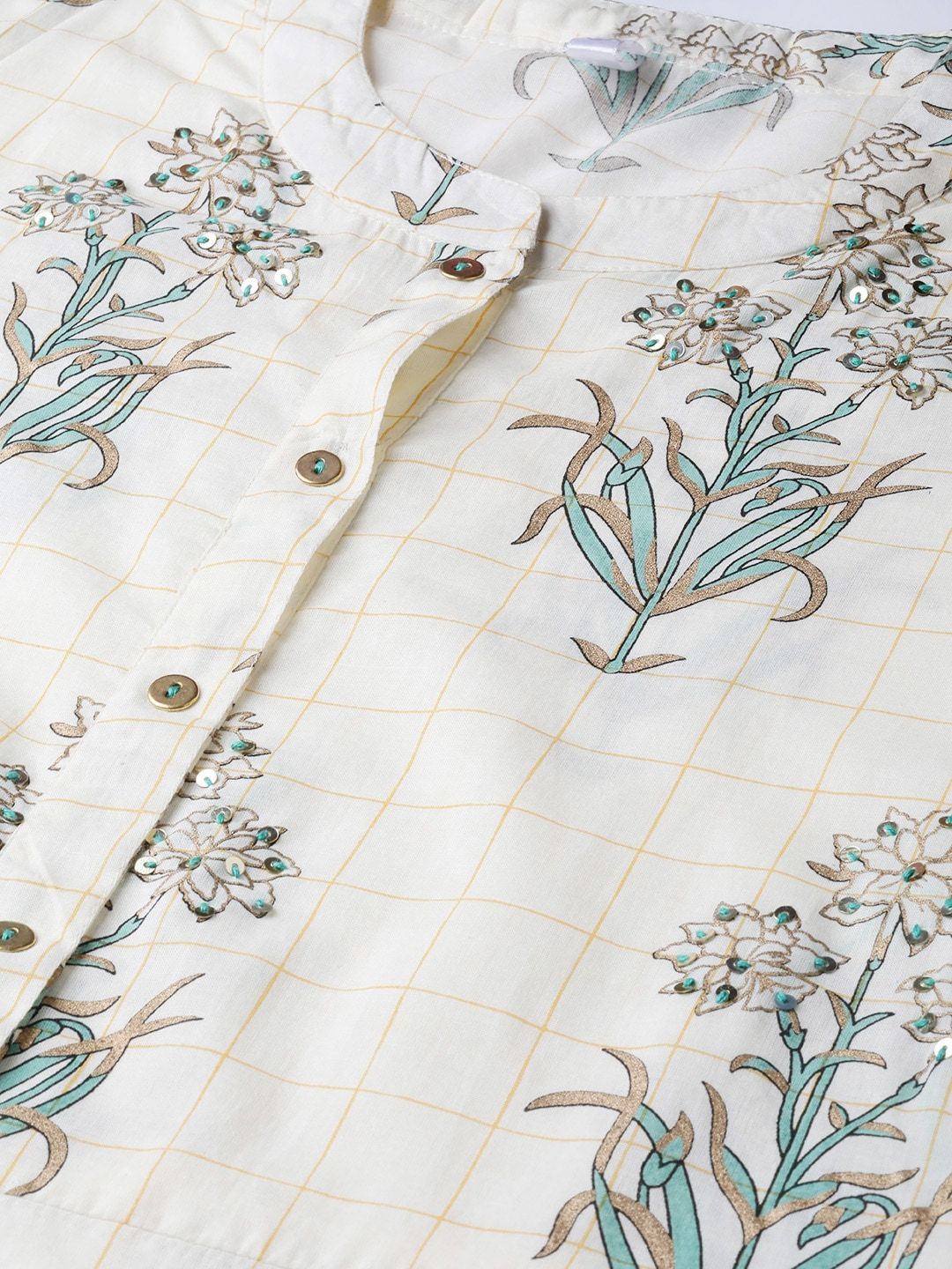 Women's  Cream-Coloured & Sea Green Printed Kurta with Palazzos