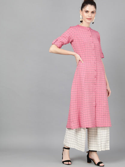 Women's  Pink Woven Design A-Line Kurta