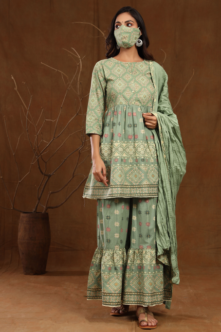Women's Cambric Printed Flared Tunic Sharara Dupatta Set