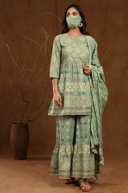 Women's Cambric Printed Flared Tunic Sharara Dupatta Set