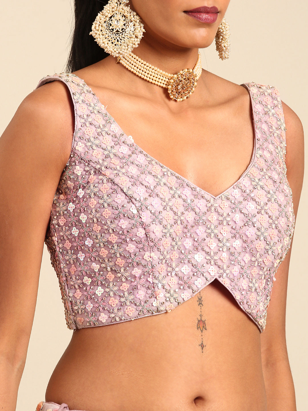 Women 's Mauve Net Multi Sequins with heavy Zarkan embroidery Ready to Wear Lehenga choli & Dupatta