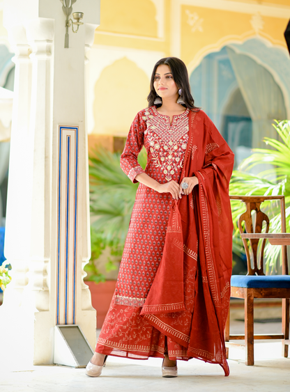 Women's Red Handblock Dupatta Set