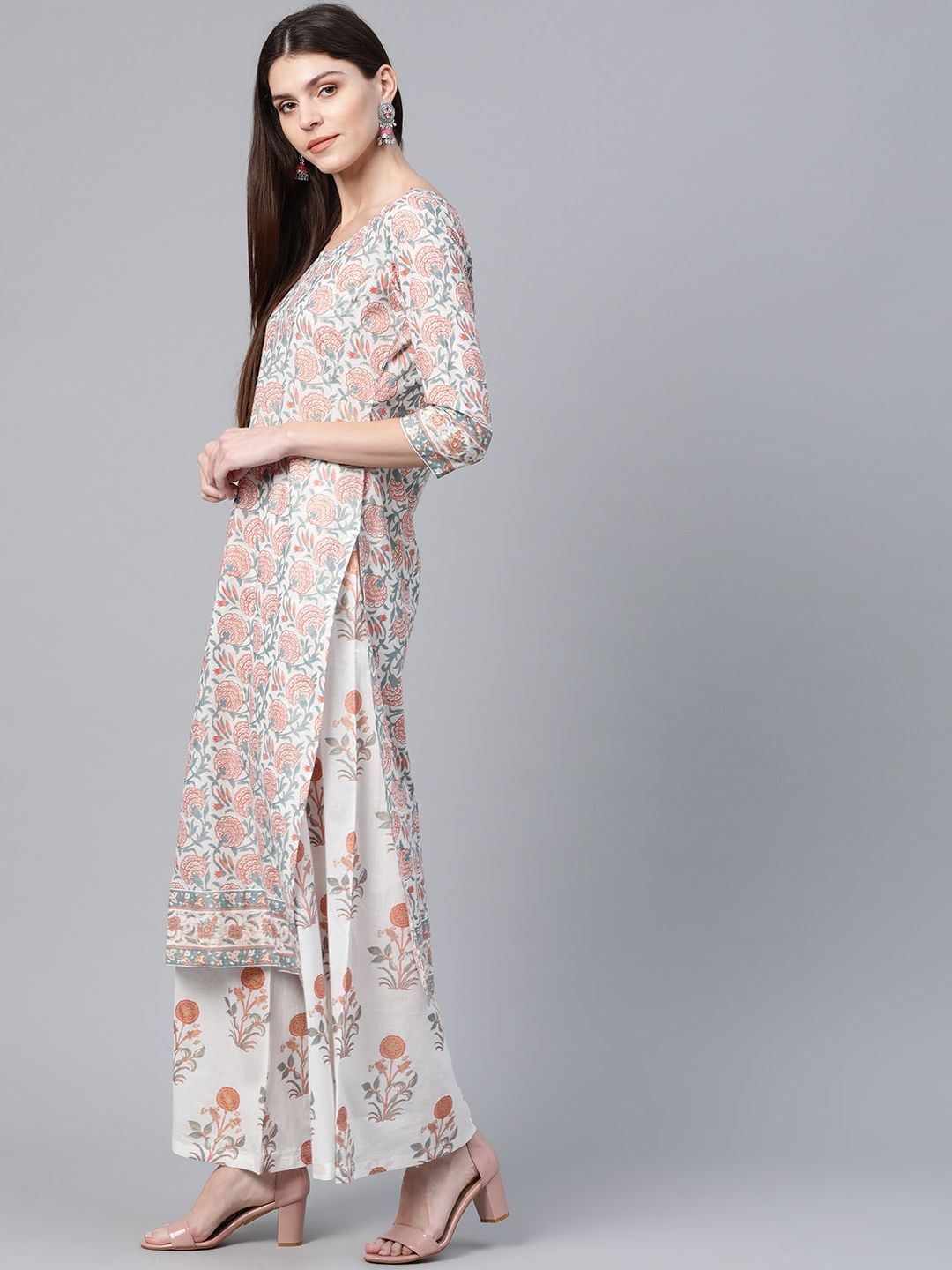 Women's  White & Pink Floral Foil Print Kurta with Palazzos & Dupatta