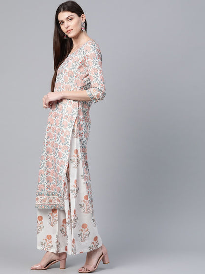 Women's  White & Pink Floral Foil Print Kurta with Palazzos & Dupatta