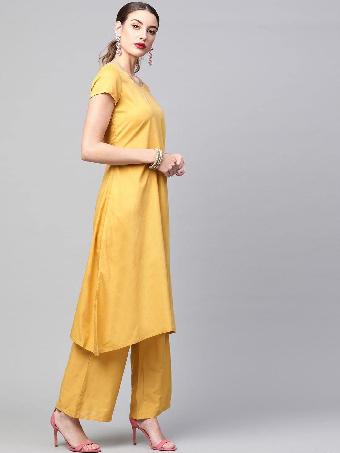 Women's  Mustard Yellow & Red Solid Kurta with Palazzos & Dupatta