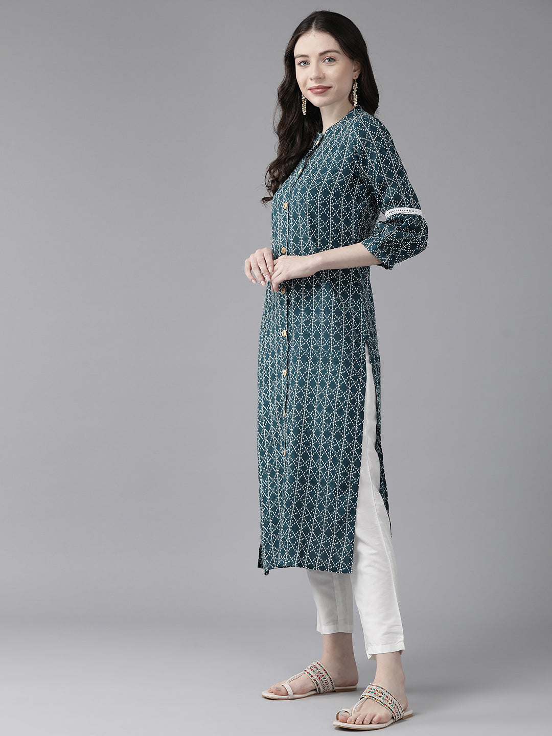 Women's Teal Blue Printed Straight Kurta